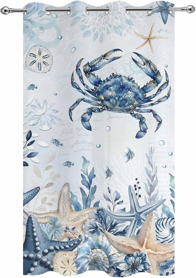 Oceans Outdoor Curtains for Patio Crabs Marine Life Shell Starfish Blue - Image 9