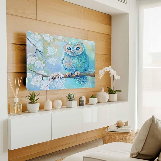 Watercolor Blue Owl Indoor TV Cover, Elastic TV Screen Protector Retro White - Image 3