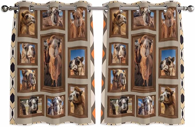 2 Panel Kitchen Cafe Curtains, Desert Camels Sunlight Filtering Nature Air by Hokiten