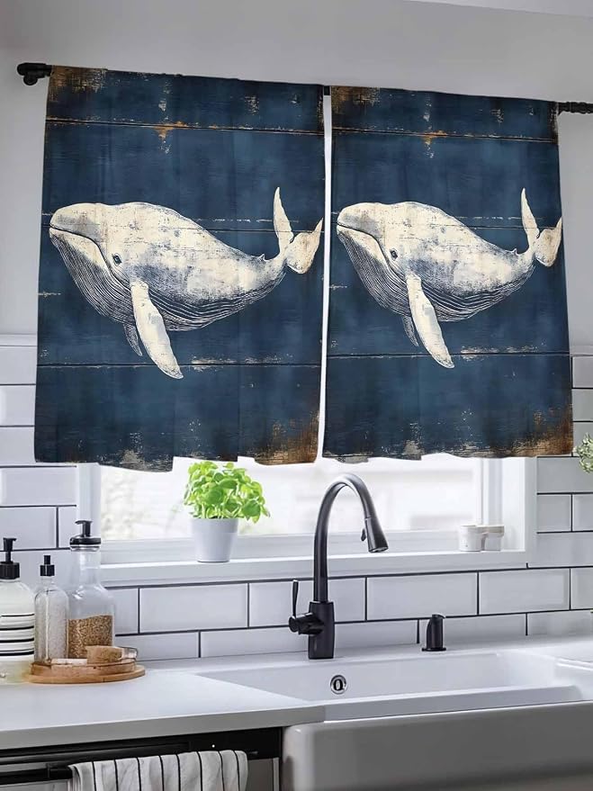 Sheer Curtains 54 Inch Length, Ocean Vintage Whale Semi Sheer Curtains Light - Image 5