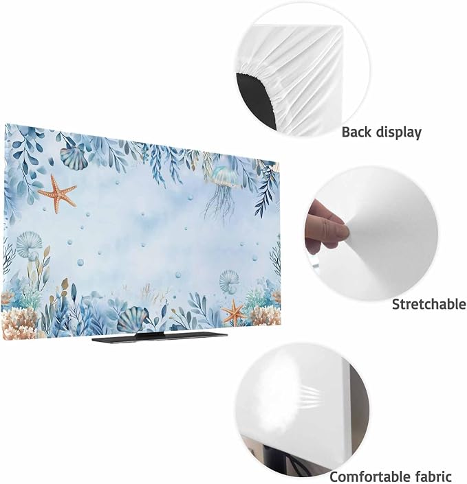 Ocean Seaweed Leaves Shell Indoor TV Cover, Elastic TV Screen Protector Blue - Image 7