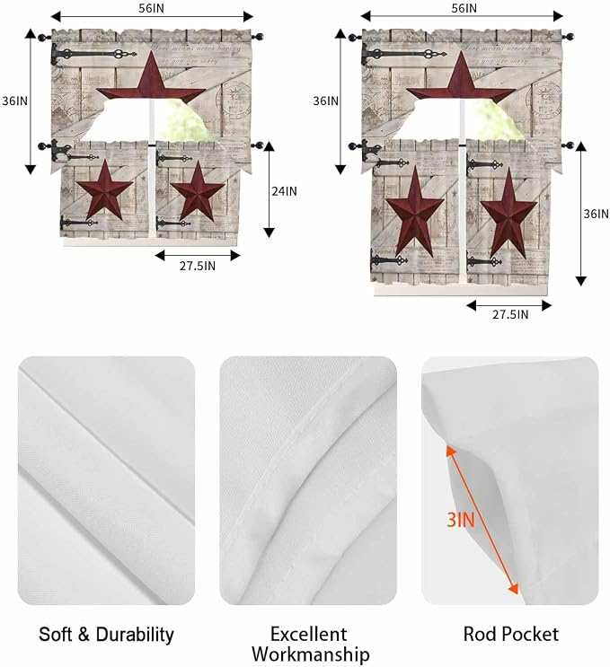 Village Stars Swag Kitchen Curtains Valance and Tier Set, Vintage Dark Red Star - Image 6