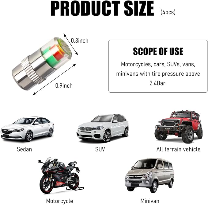 Yourkar 4 PCS Tire Pressure Monitor Valve Stem Caps, 2.4Bar 36PSI Car Tire - Image 2