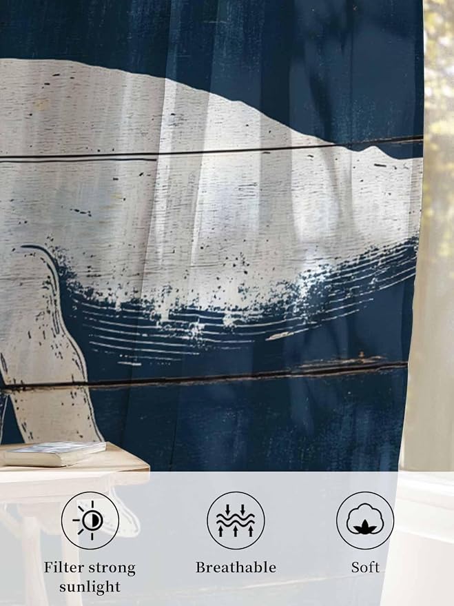 Sheer Curtains 72 Inches Long, Ocean Whale Blue Semi Sheer Curtains Light - Image 6