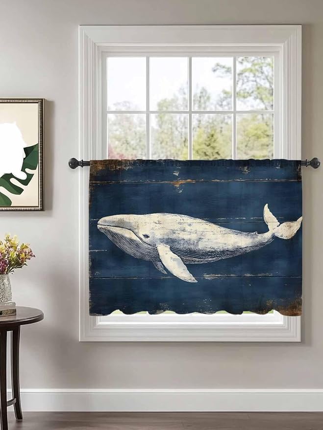 Sheer Curtains 54 Inch Length, Ocean Vintage Whale Semi Sheer Curtains Light - Image 2