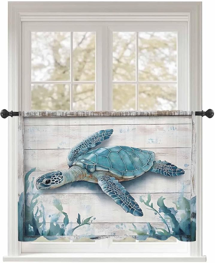 Sheer Curtains 45 Inch Length, Teal Green Sea Turtle Semi Sheer Curtains Light by Unknown