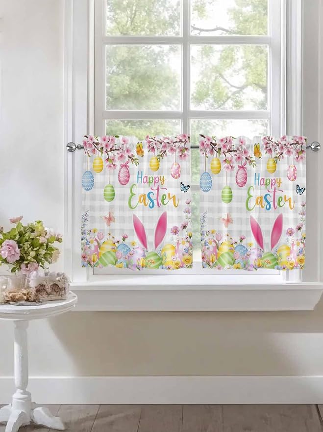 Happy Easter Half Window Curtains 24 Inches Long, Spring Watercolor Bunny Eggs - Image 7
