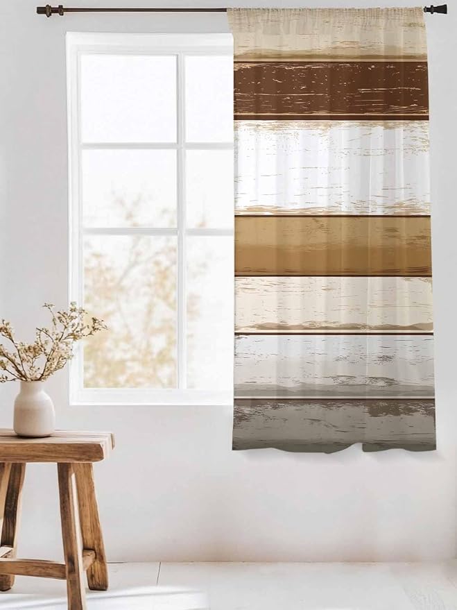 Sheer Curtains 63 Inch Length, Vintage Country Geometric Striped Privacy Voile - Image 3
