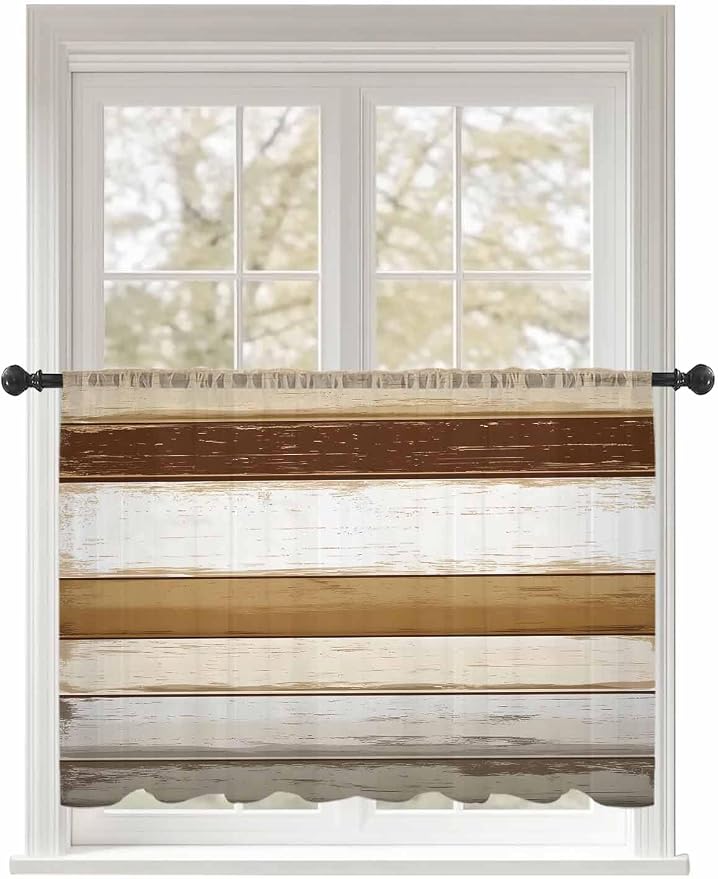 Sheer Curtains 45 Inch Length, Vintage Country Geometric Striped Privacy Voile by Unknown