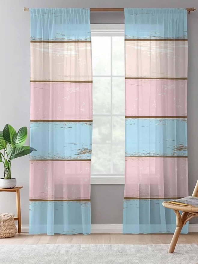 Sheer Curtains 96 Inches Long, Farmhouse Country Shabby Striped Privacy Voile - Image 5