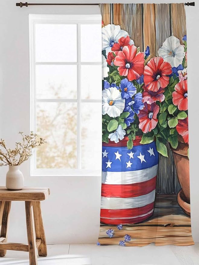 Sheer Curtains 96 Inches Long, Retro Independence Day Flag Wood Grain Privacy - Image 3