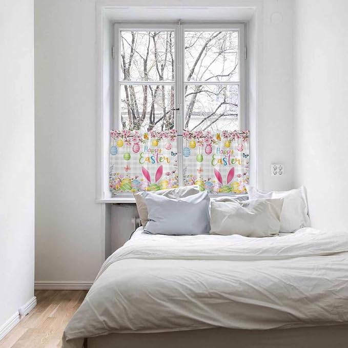 Happy Easter Half Window Curtains 24 Inches Long, Spring Watercolor Bunny Eggs - Image 5