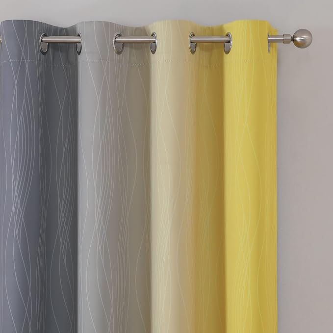 Ombre Gray and Yellow Blackout Curtains 54 Inch Length 2 panels, Full Room Darkening Curtains for Kids Room, Grommet Thermal Insulated Gradient Drapes, Light Blocking Curtains for Bedroom, 52x54 Inch