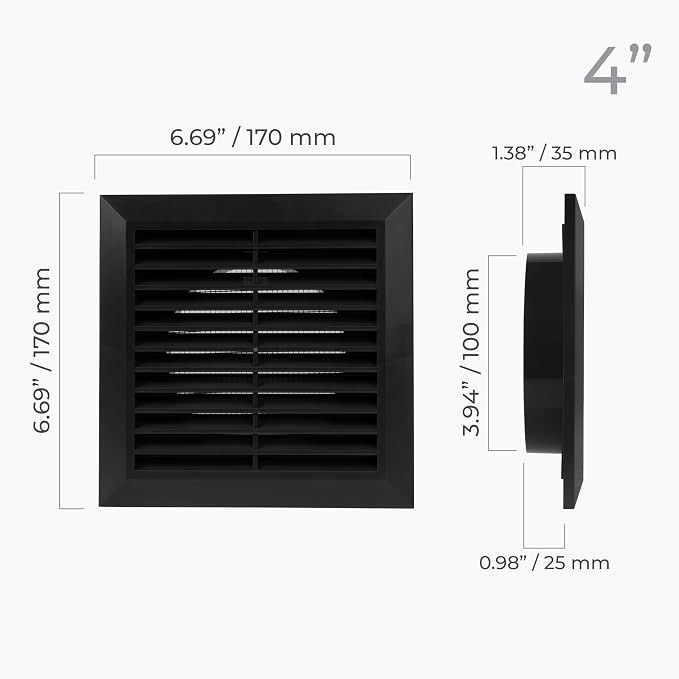 4 Inch Fit - Black Plastic Vent Cover - Exhaust Dryer Vent Cover - Built-in - Image 3