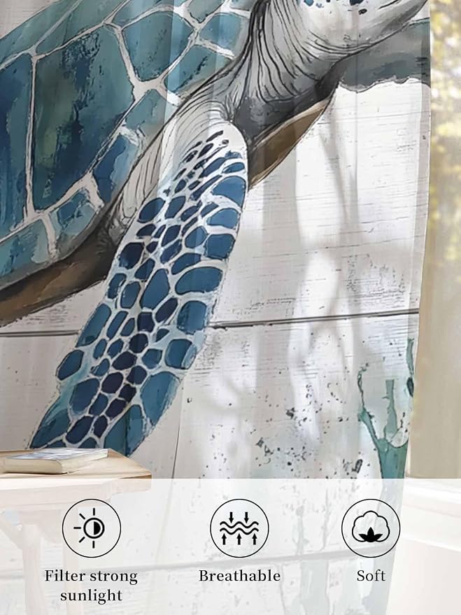Sheer Curtains 108 Inches Long, Teal Green Sea Turtle Semi Sheer Curtains Light - Image 6