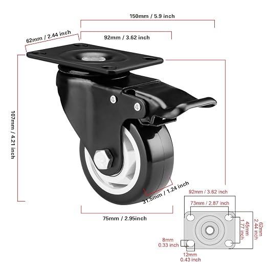 3" Swivel Casters Set of 4, Heavy Duty Locking Casters - Image 2