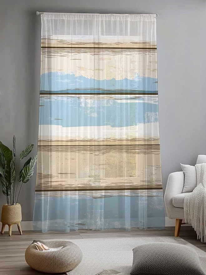 Sheer Curtains 108 Inches Long, Vintage Geometric Blue Semi Sheer Curtains - Image 2