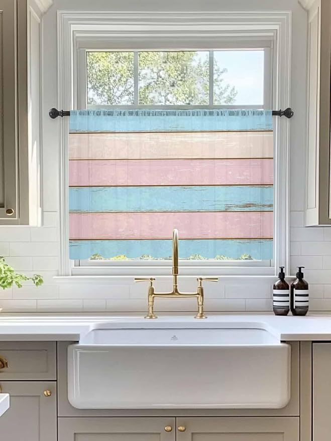 Sheer Curtains 45 Inch Length, Farmhouse Country Shabby Striped Privacy Voile - Image 3