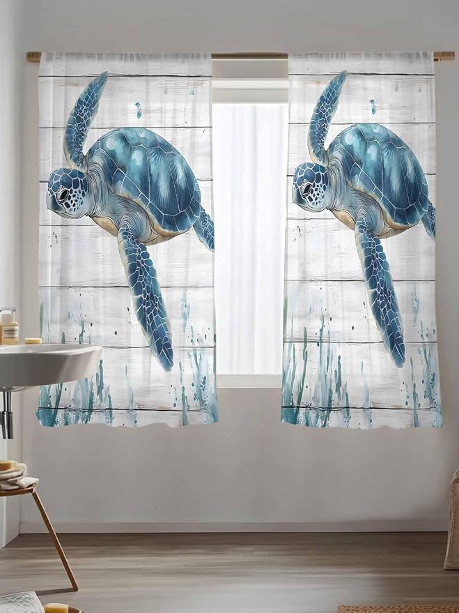 Sheer Curtains 63 Inch Length, Teal Green Ocean Turtle Semi Sheer Curtains - Image 5