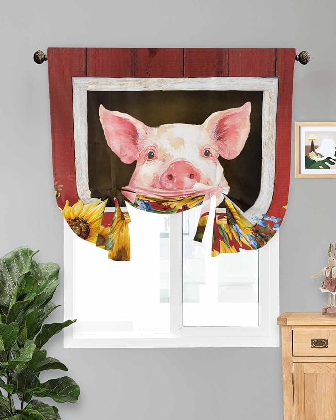 Tie Up Curtains for Windows, Pigs Sunflowers Adjustable Balloon Nature Linen by Anzona
