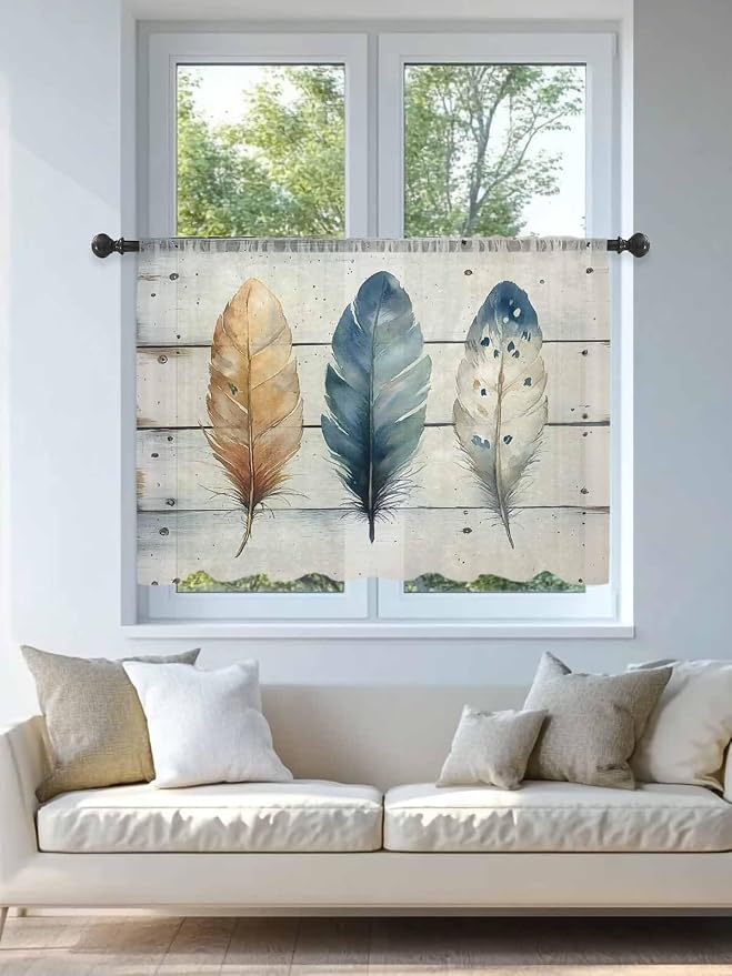 Sheer Curtains 54 Inch Length, Boho Blue Feathers Semi Sheer Curtains Light - Image 4