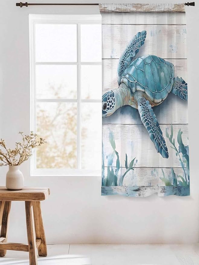Sheer Curtains 63 Inch Length, Teal Green Sea Turtle Semi Sheer Curtains Light - Image 3