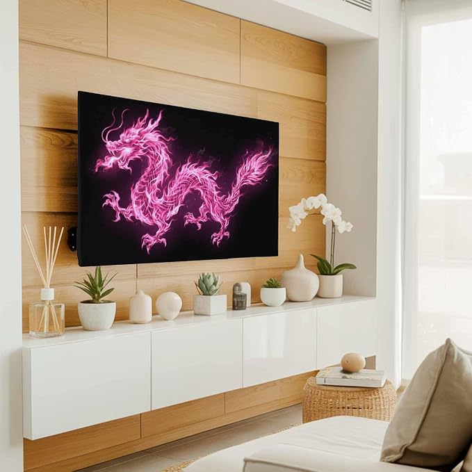 Abstract Pink Flames Dragons on Black Indoor TV Cover, Elastic TV Screen - Image 2