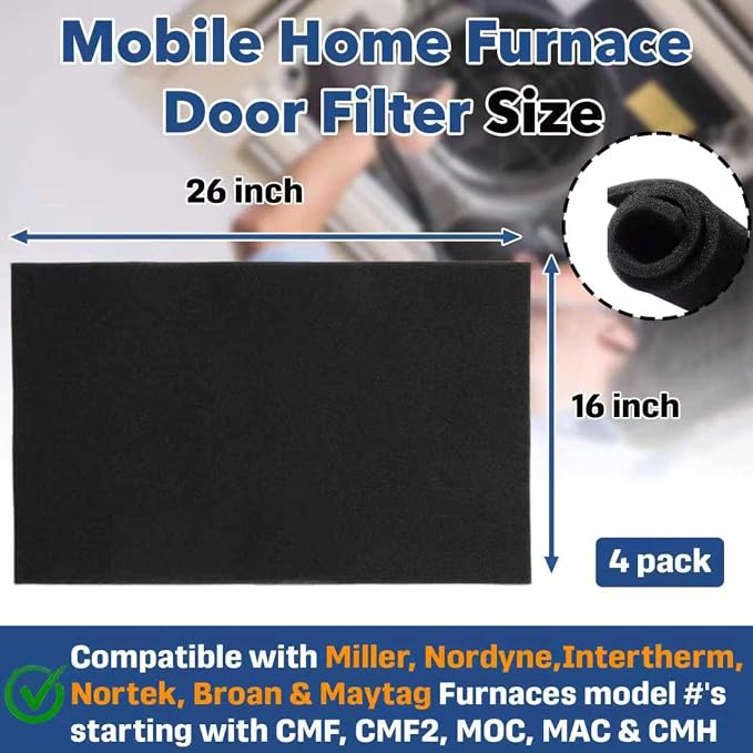 4-Pack 16" x 26" x 1/4" Mobile Home Furnace Door Foam Filter, Vacuum Sealed - Image 2
