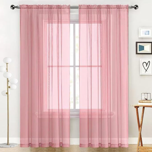 SpaceDresser Sheer Voile Window Treatment Rod Pocket Curtain Panels for Kitchen Bedroom Living Room Drapes Sunlight Filtering Privacy Semi Home Decor Assorted Colors Sizes (Blush, 52 W x 84 L)