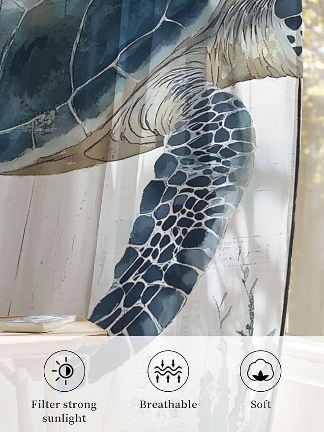 Sheer Curtains 96 Inches Long, Sea Turtle Teal Blue Semi Sheer Curtains Light - Image 6