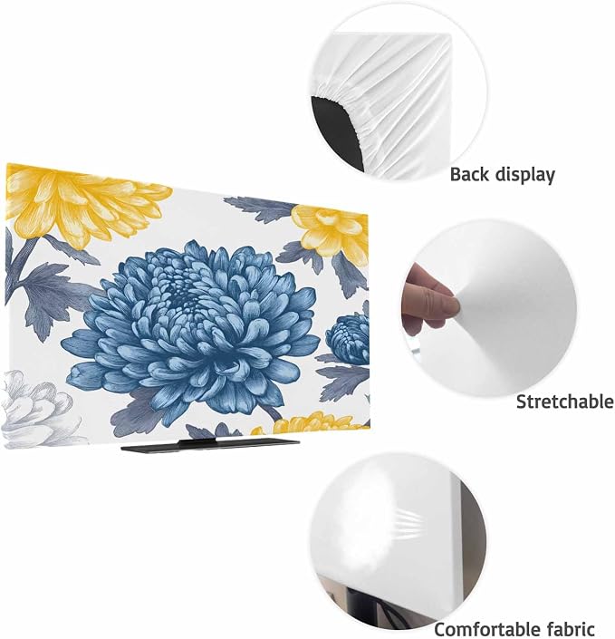 Pastoral White Blue Yellow Flower Indoor TV Cover, Elastic TV Screen Protector - Image 7