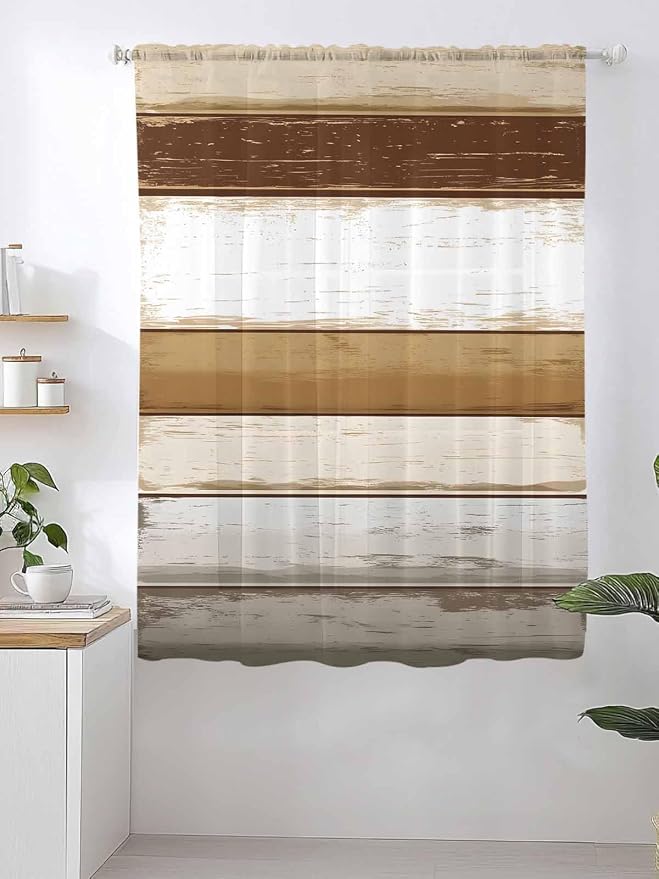 Sheer Curtains 63 Inch Length, Vintage Country Geometric Striped Privacy Voile - Image 2