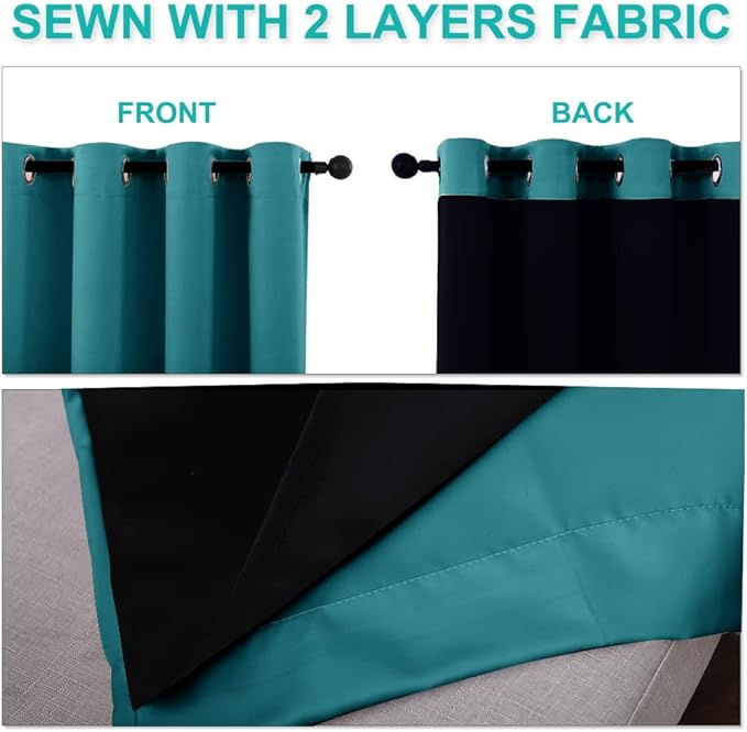 NICETOWN 100% Blackout Curtains for Windows, Pack of 2, Peacock Teal, 52" W x 102" L, Super Heavy-Duty Black Lined Total Darkness Drapes for Bedroom, Privacy Assured Window Treatment for Patio