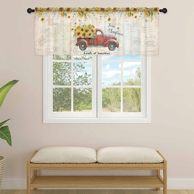 Farmhouses Sunflowers Sheer Valance Curtains, Retro Floral Leaves Red Truck - Image 4