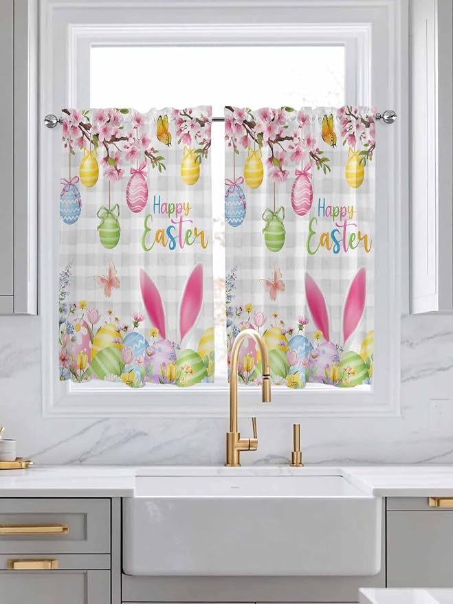 Happy Easter Tier Curtains 45 Inches Long, Spring Watercolor Bunny Eggs Flower - Image 3