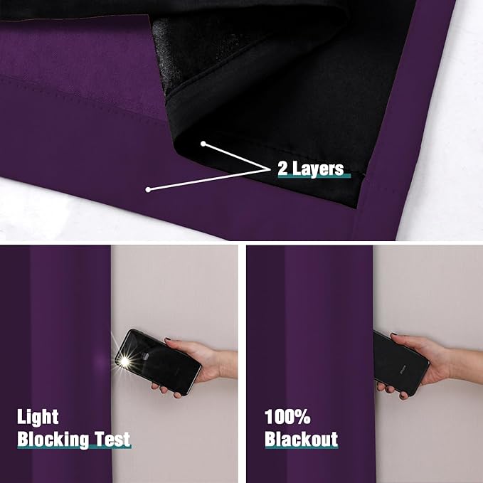 ChrisDowa 100% Blackout Curtains for Bedroom with Black Liner, 2 Thick Layers Total Blackout Thermal Insulated Grommet Window Curtains 2 Panels Set (Royal Purple, 42 x 84 Inch)