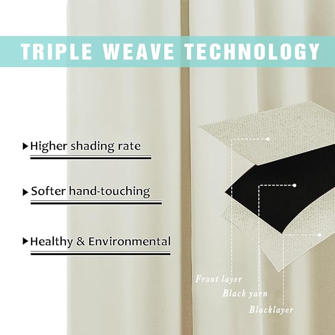 NICETOWN Thermal Insulated 100% Blackout Curtains, Noise Reducing Performance Drapes with Black Lining, Full Light Blocking Drapery Panels for Patio (Beige, 1 Pair, 46 inches x 90 inches)