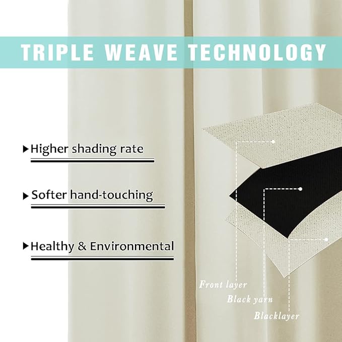 NICETOWN Living Room Completely Shaded Draperies, Privacy Protection & Noise Reducing Ring Top Drapes, Black Lined Insulated Window Treatment Curtain Panels (Beige, 2 Pieces, W70 x L63)