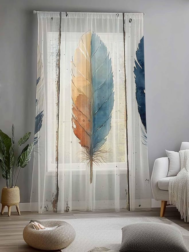 Sheer Curtains 96 Inches Long, Boho Ombre Vintage Wooden Grain Privacy Voile - Image 2