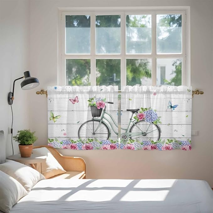 Spring Tier Curtains, Bicycles Botanical Rose Leaves Butterfly Wood Grain Light - Image 4