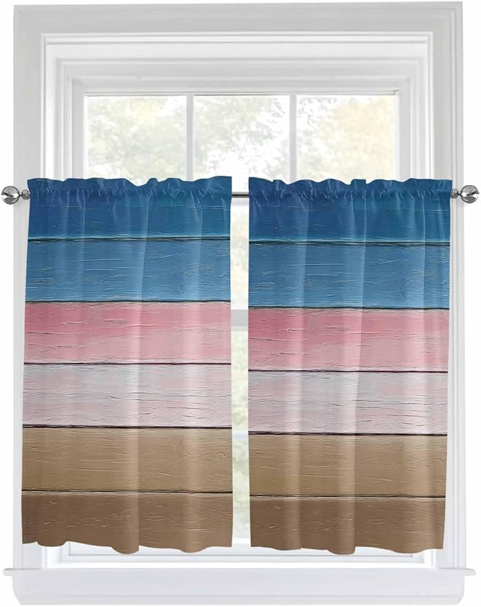 Blue Pink Brown Gradient Wood Grain Window Valance Curtains, Vintage Wood Board - Image 9