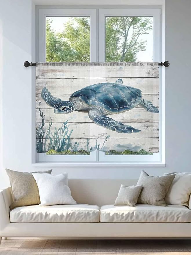 Sheer Curtains 45 Inch Length, Ocean Sea Turtle Semi Sheer Curtains Light - Image 4
