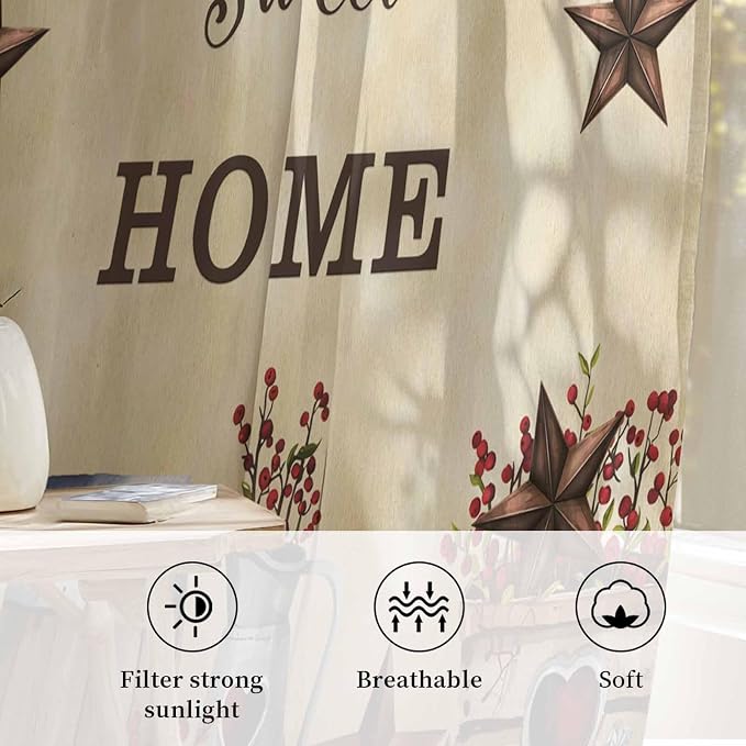 Farm Sheer Curtains 108 Inch Length American Country Barn Star Vintage Berry - Image 2