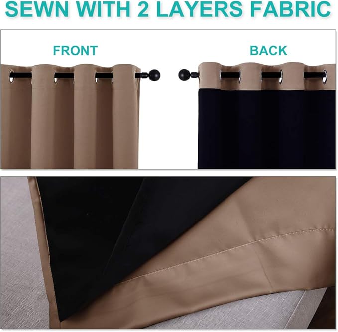 NICETOWN Cappuccino Bedroom Full Blackout Cold Blocking Short Curtain Panels, Super Thick Insulated Window Covers, 100% Blackout Blinds with Black Liner for Small Window(Set of 2, 42 by 45-inch)