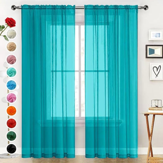 SpaceDresser Sheer Voile Window Treatment Rod Pocket Curtain Panels for Kitchen Bedroom Living Room Drapes Sunlight Filtering Privacy Semi Home Decor Assorted (Peacock Blue, 52 W x 90 L)