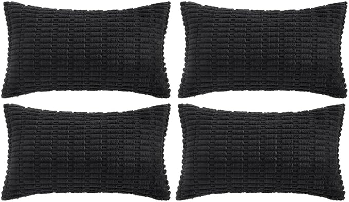Fancy Homi 4 Packs Boho Black Decorative Throw Pillow Covers 12x20 Inch for Living Room Couch Bed Sofa, Rustic Modern Farmhouse Home Decor, Soft Plush Corduroy Cute Square Cushion Case 30x50 cm
