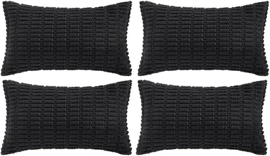 Fancy Homi 4 Packs Boho Black Decorative Throw Pillow Covers 12x20 Inch for Living Room Couch Bed Sofa, Rustic Modern Farmhouse Home Decor, Soft Plush Corduroy Cute Square Cushion Case 30x50 cm