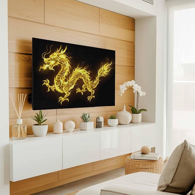 Watercolor Yellow Flames Dragons on Black Indoor TV Cover, Elastic TV Screen - Image 2