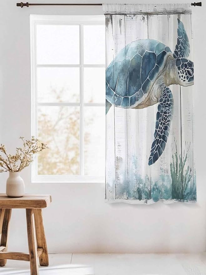 Sheer Curtains 63 Inch Length, Sea Turtle Teal Blue Semi Sheer Curtains Light - Image 3