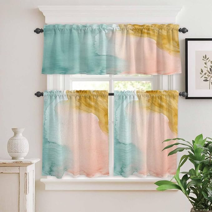 Kitchen Window Curtains Valance and Tier Set, Abstract Desert Mountains Rod - Image 5